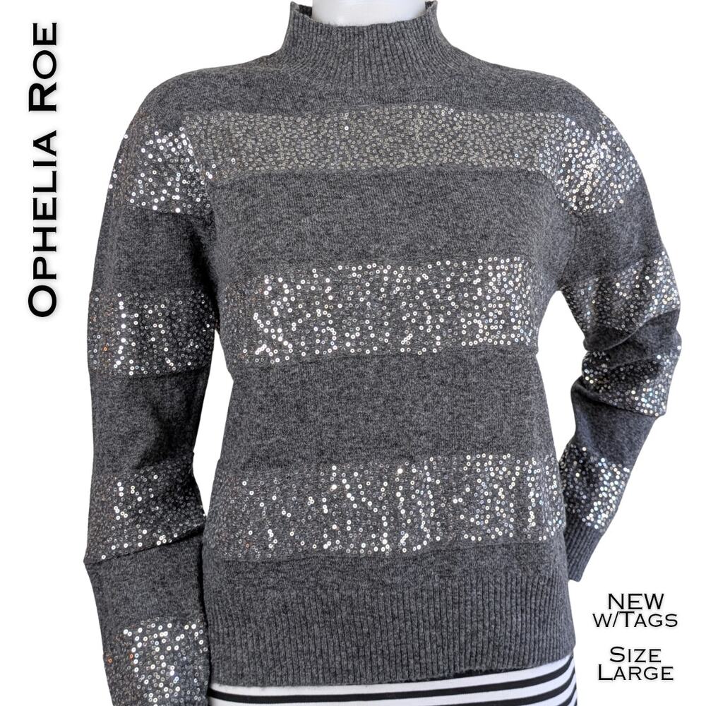 Ophelia Roe Sequin Sweater Large Grey Stripe Mock Neck Dressy Holiday Glam NEW